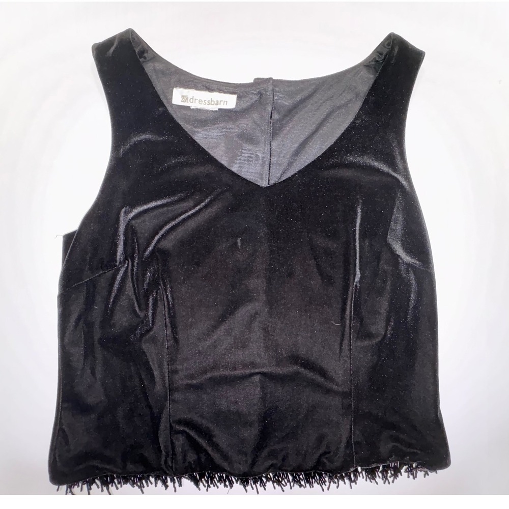 Dressbarn Womens Black Velvet Beaded Fringe Hem V-Neck Button Back Crop Top